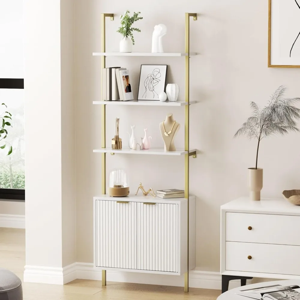 

Bookshelf with Cabinet, 71" Tall Wall Mounted Bookcase with Shelves & Storage, Fluted Ladder Shelf with Metal Frame