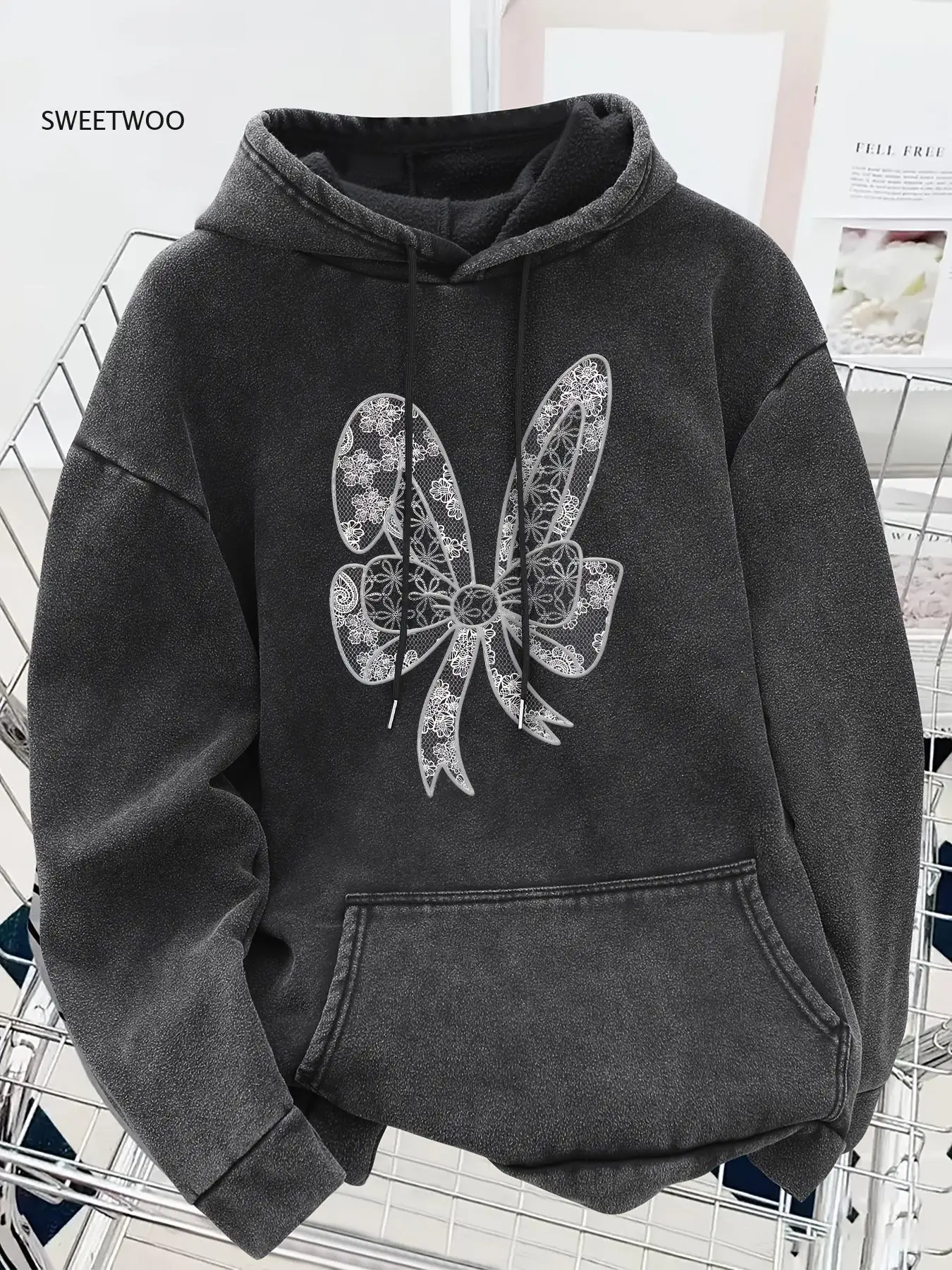 

Women'S Vintage Lace Bowknot Print Hooded Sweatshirt - Retro Washed Brown Pullover with Lace Bowknot & Design, Casual Long Sleev