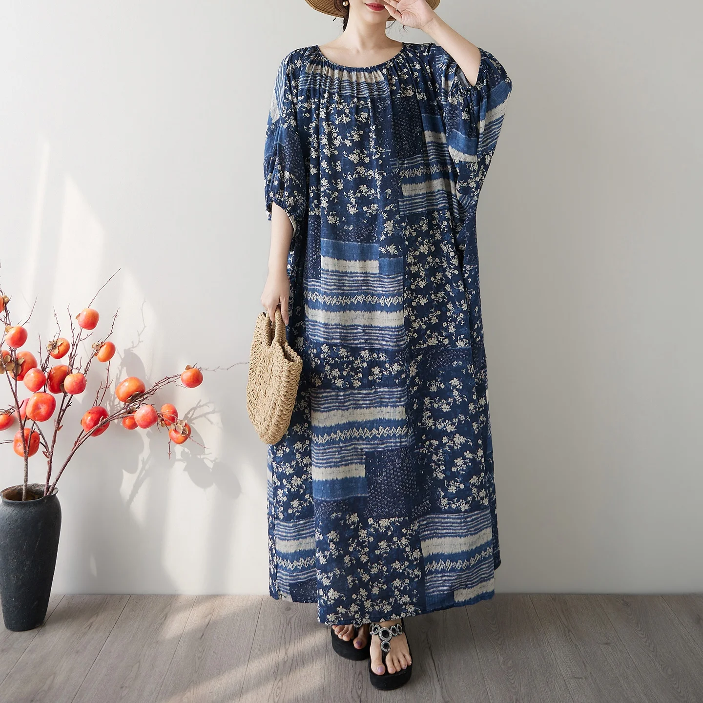 

Floral Print Loose Fit Long Dress Lantern Sleeve Cover up Holiday Style Cotton Commute Wind A-Line Skirt Ladies Dress