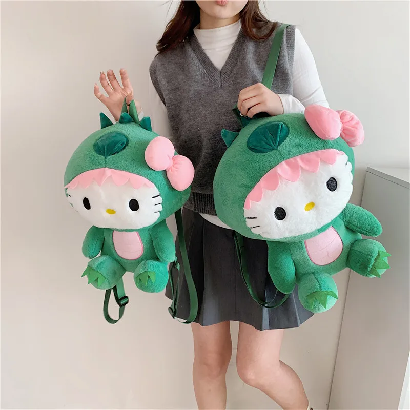 Minso Sanrio Dinosaur Hello Kitty Plush Backpack Anime Cute Kt Children Large Capacity Storage Bag Kawaii Girl Heart Bow Backbag