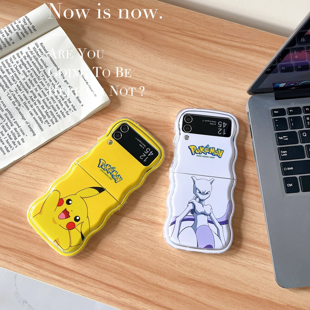 Cute Japan Anime Pocket Monsters Pokémon Pikachu Mewtwo Phone Case For Samsung Galaxy Z Flip 7 6 5 4 3 Soft Cover With Lanyard