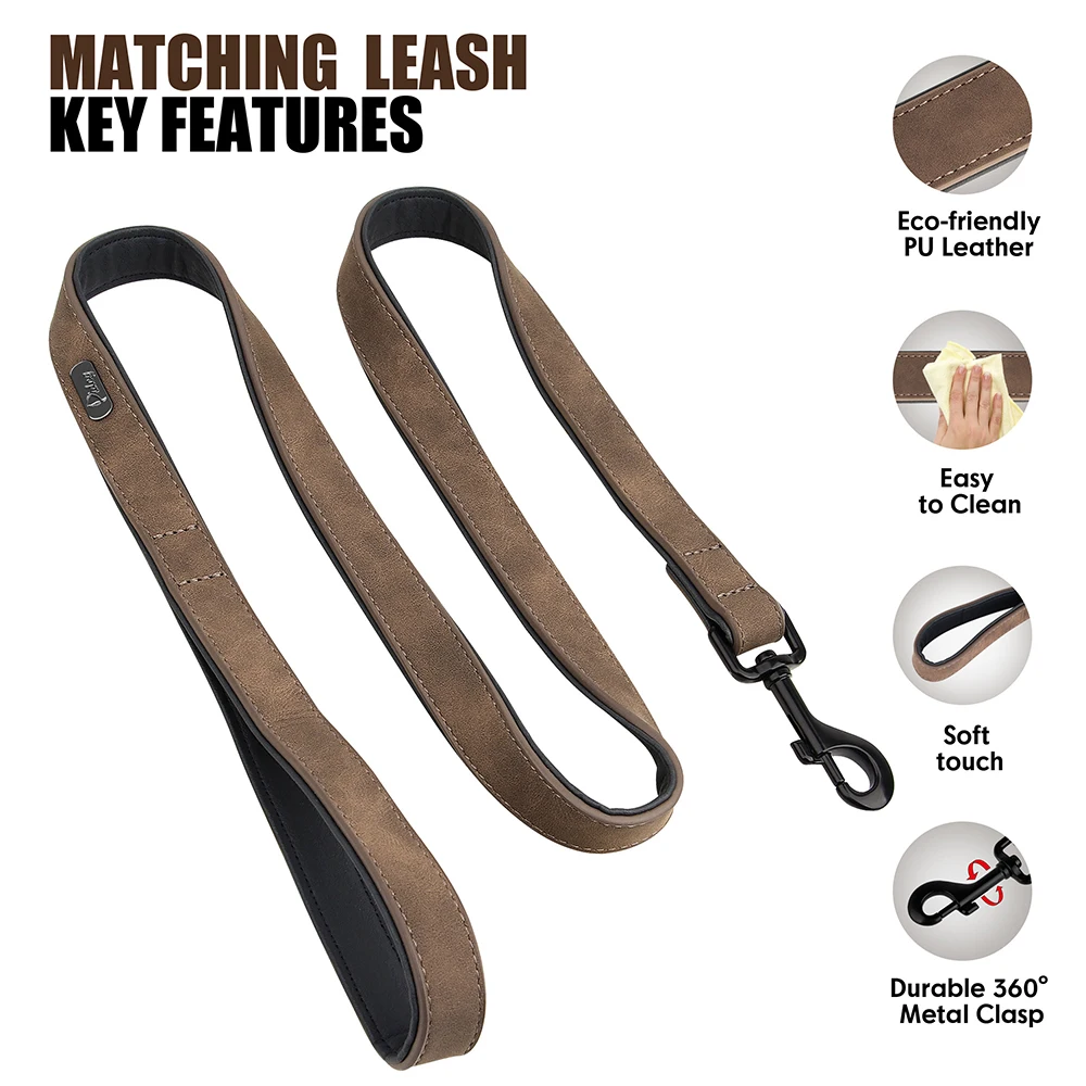 Personalisiertes PU-Leder-Hundehalsband-Leinen-Set, weich gepolsterte Hundehalsbänder, gravierte Haustier-ID-Halskette mit Leine für kleine große Hunde, Mops – Detail 12