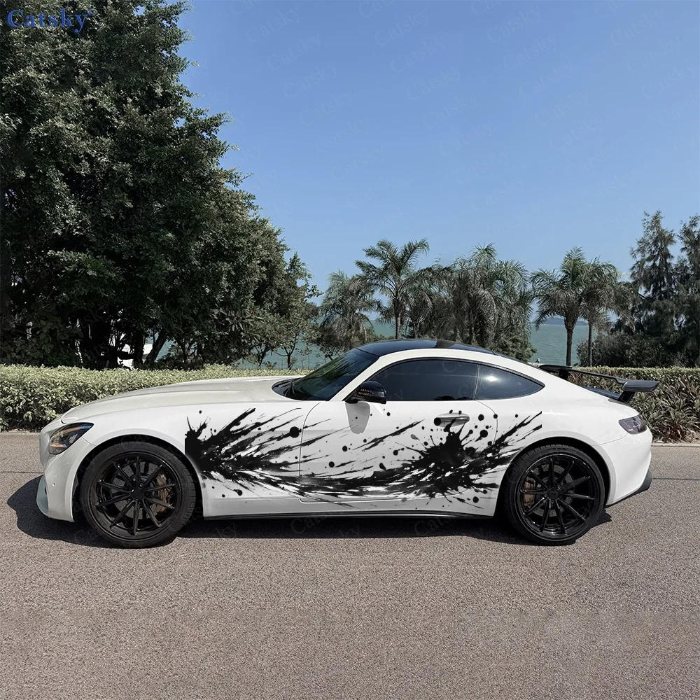 2Pcs Dynamic Black Ink Splatter Car Side Stickers, Automotive Door Side Graphics for Cars, Car Decoration Accessory