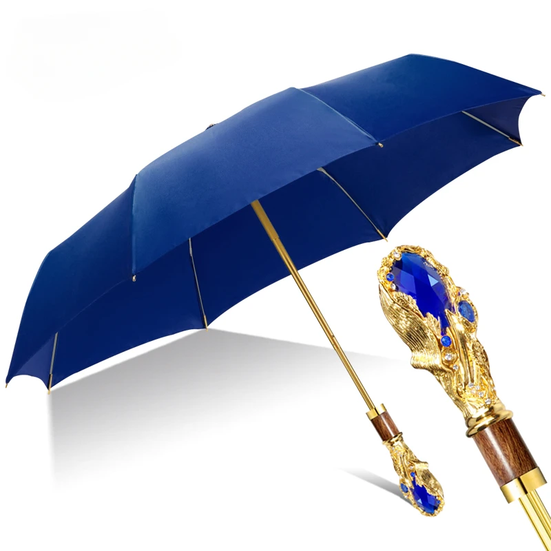 Royal Gold Sapphire Handmade Business Umbrella for Men Automatic Luxury Handle Large Folding Waterproof Sunshade Satin Umbrellas