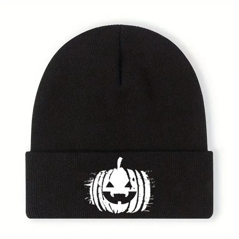 Spooky Laughing Pumpkin Head Halloween Beanie Unisex Warm Knit Hat for Winter Holiday Outfits
