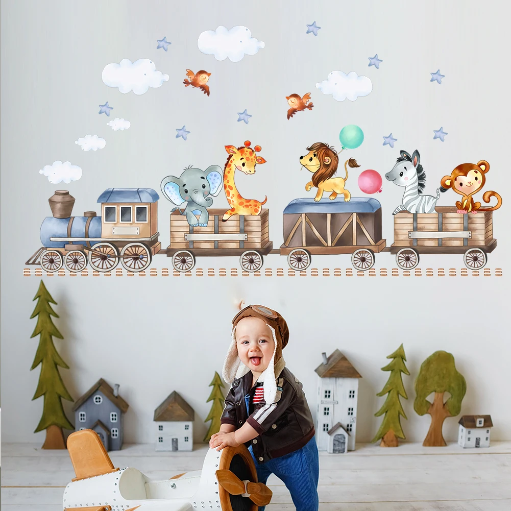Cartoon Animals Riding On Small Trains Wall Stickers With Movable Stickers For Decorating   Posters And Murals In Children's Roo
