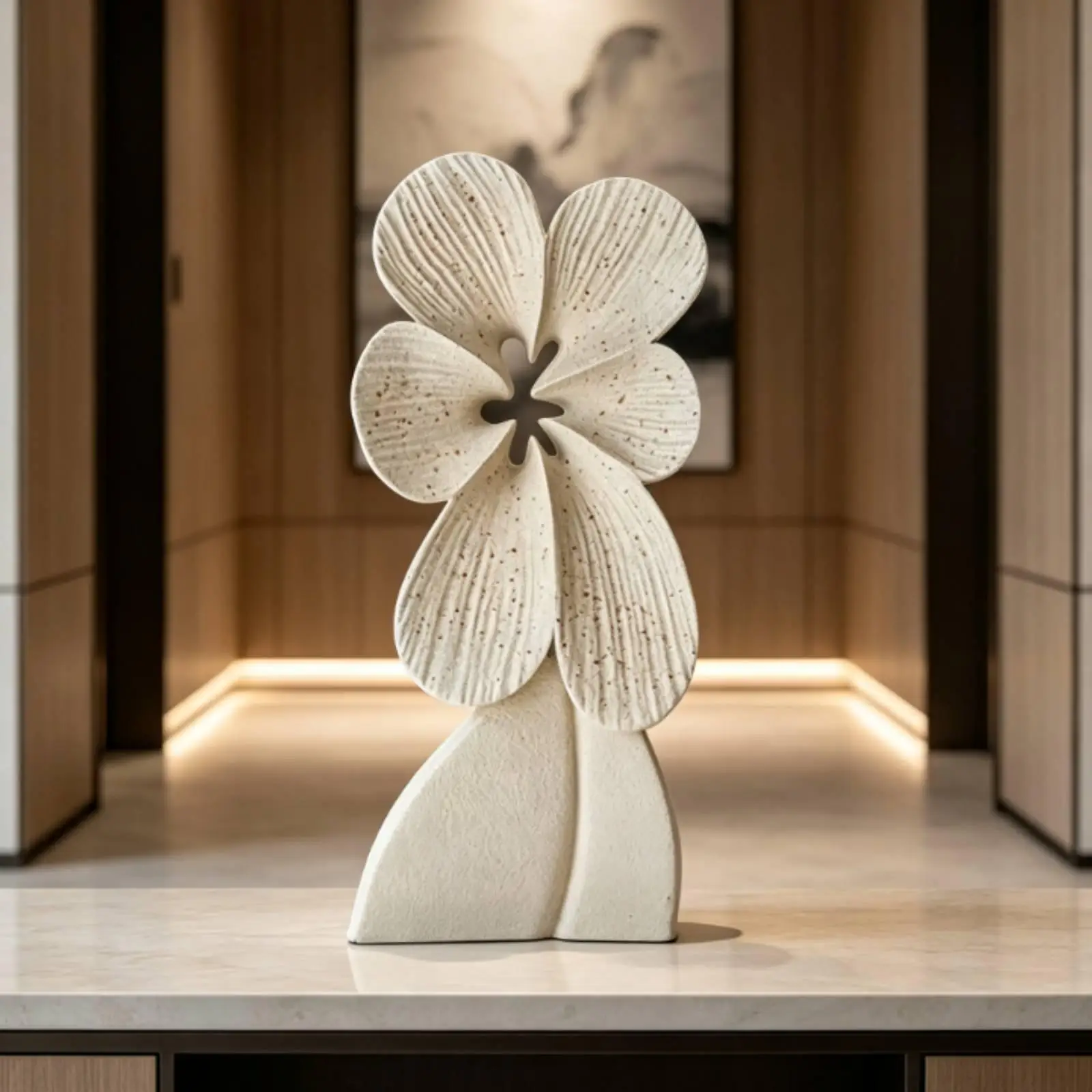 Abstract Flower Floor Sculpture Decorative Statue for Living Room Console Table Modern Interior Art Piece Speckled Beige Finish