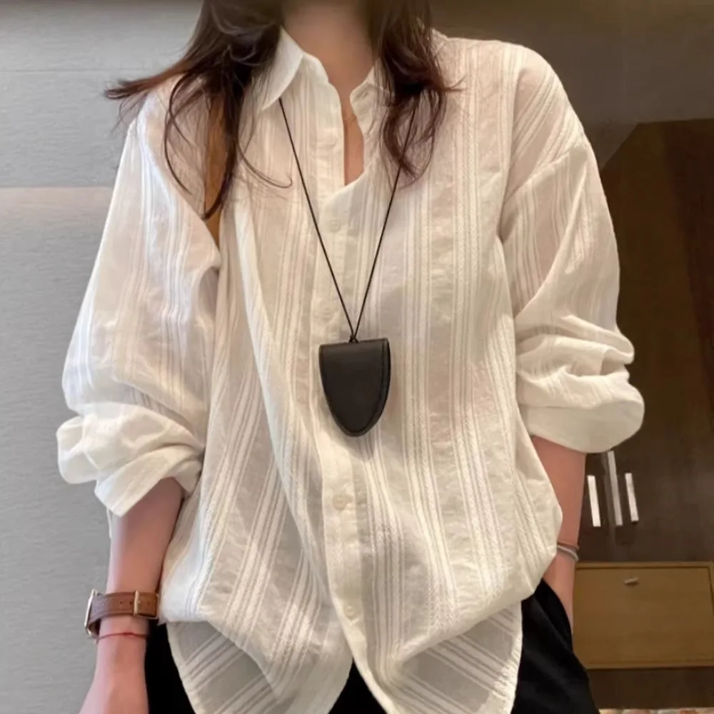 

Women's Casual Oversized White Button-Down Shirt Long Sleeve Textured Stripe Blouse