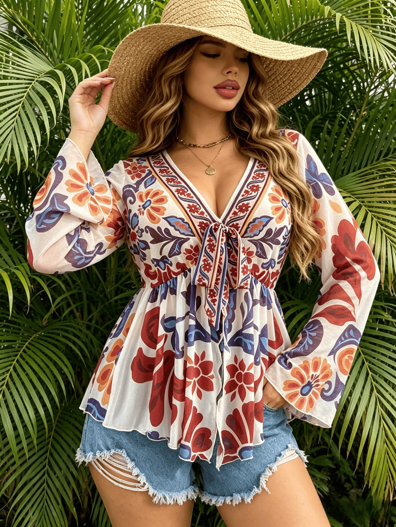

New Summer Beach Cover Up Plus Size Women's V Neck Flare Sleeve Sheer Mesh Design, Semi-sheer Loose Fit Beach Coverup Vacation