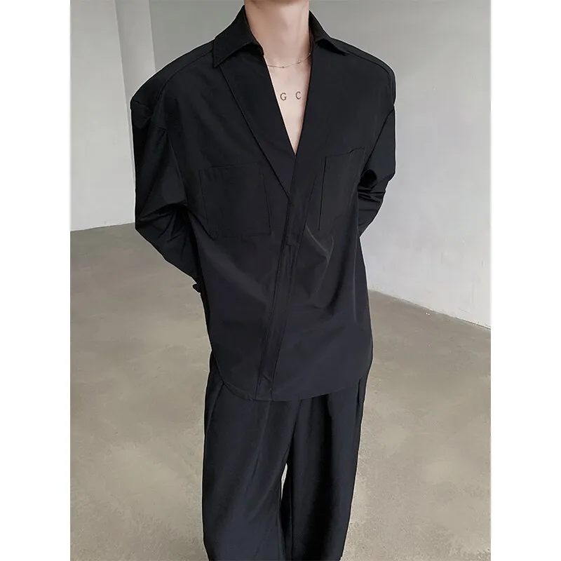 Korean Stylish V-neck Chic Button Blouses Front Pocket Harajuku Men\'s Solid Long Sleeve Turn-down Collar Shirt White/Black