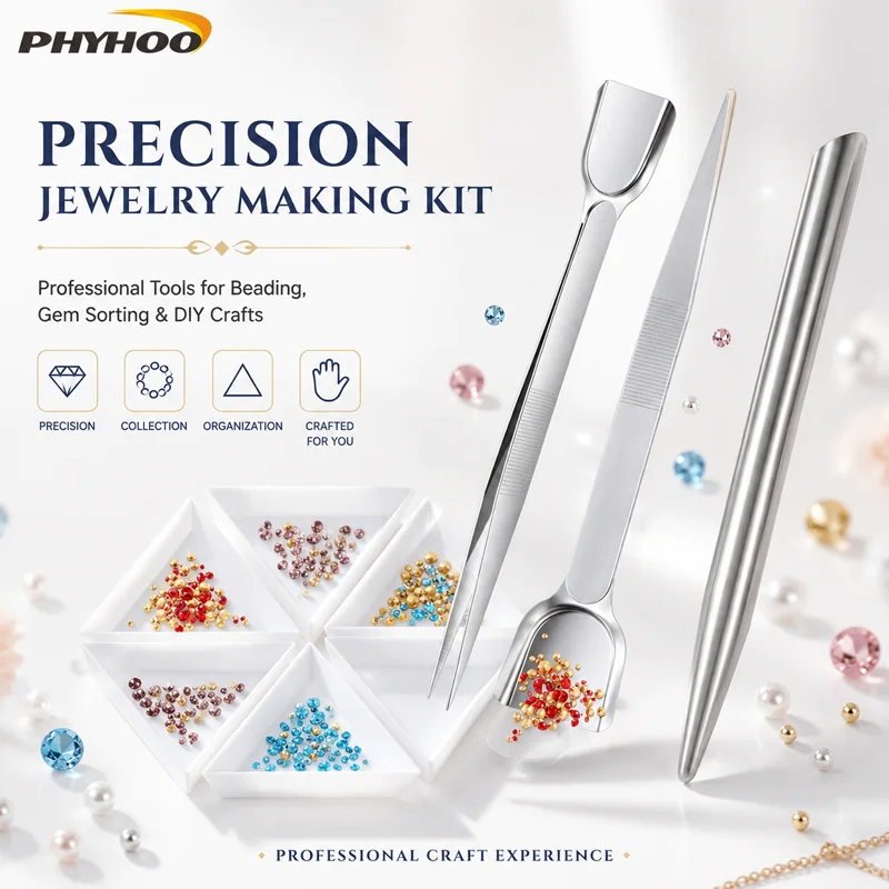PHYHOO Precision Jewelry Making Kit Stainless Steel Fine Tip Tweezers Bead Scoop Shovel with 6 Triangle Sorting Trays DIY Crafts