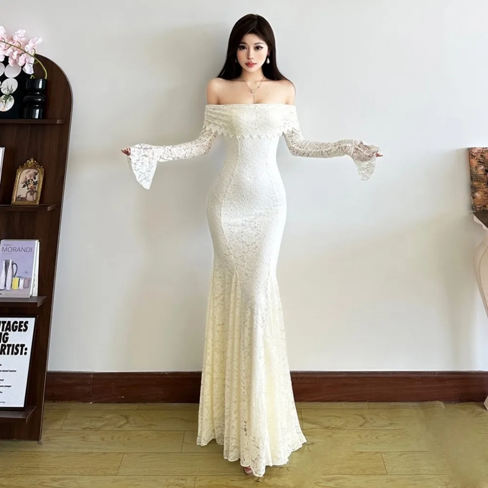 SylCue シャーリングエレガントロングドレス女性スラッシュネックバックレスレースパッチワークフレアスリーブミッドナイトプロムパーティースキニー Vestidos