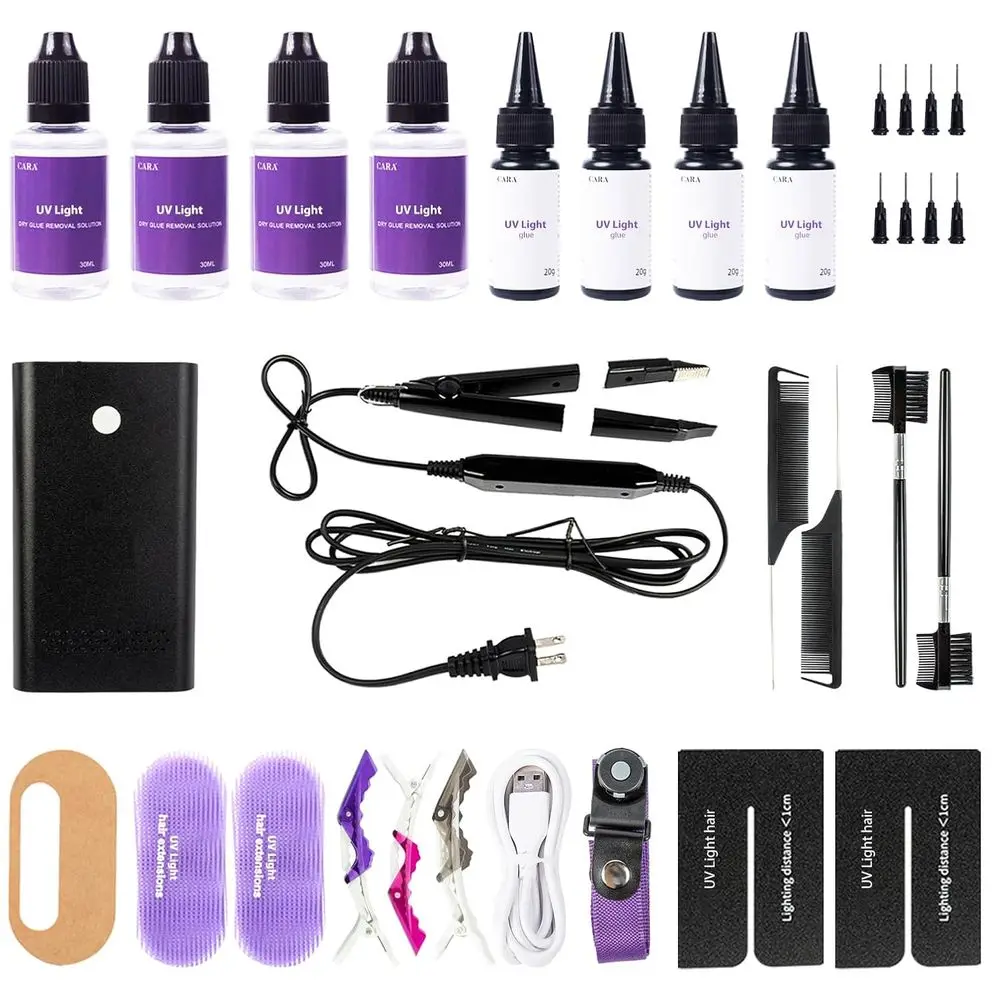 

Light Hair Extensions Kit: Hair Extension Hine Pair, UV Glue Set, Remover Solution Quartet (Black Hine Set)