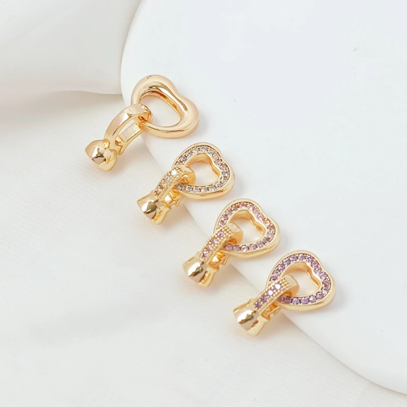 2 Pieces Brass Coated Gold Zirconia Heart Shaped Closing Connection Buckle DIY Jewelry Making Necklace Bracelet Accessory