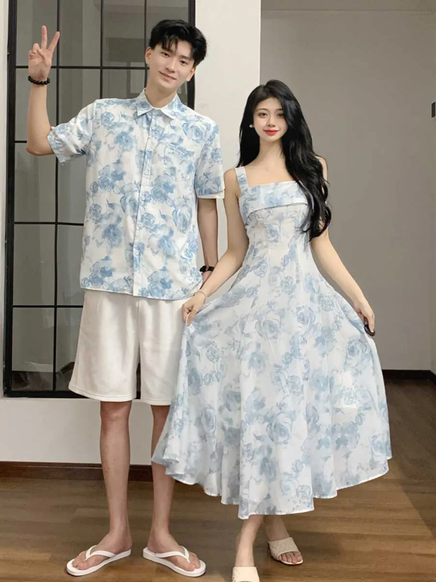 Unique Design Couple Matching Summer 2024 Short Sleeve Holiday Style Dress And Shirt One Skirt One Top Casual Breathable Poly...
