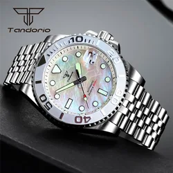 Tandorio 40mm Stainless Steel NH35A Dress 200m Automatic Men's Diving Watch White MOP Dial Date Sapphire Rotating Bezel Luminous