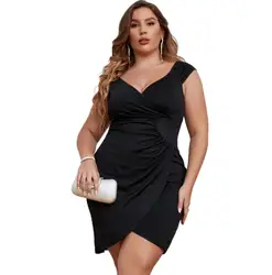 Plus Size Dames Solide Mouwloze Geplooide Slim Fit Overgooiers Dames Bodycon Mini Jurken Feestjurk Clubkleding Cocktail Strand