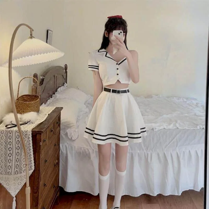 

Dress Sets Two Piece Sets Women Outfits Korean Fashion Preppy Style Bow Single Shoulder Short Sleeve Crop Tops and A-line Skirts