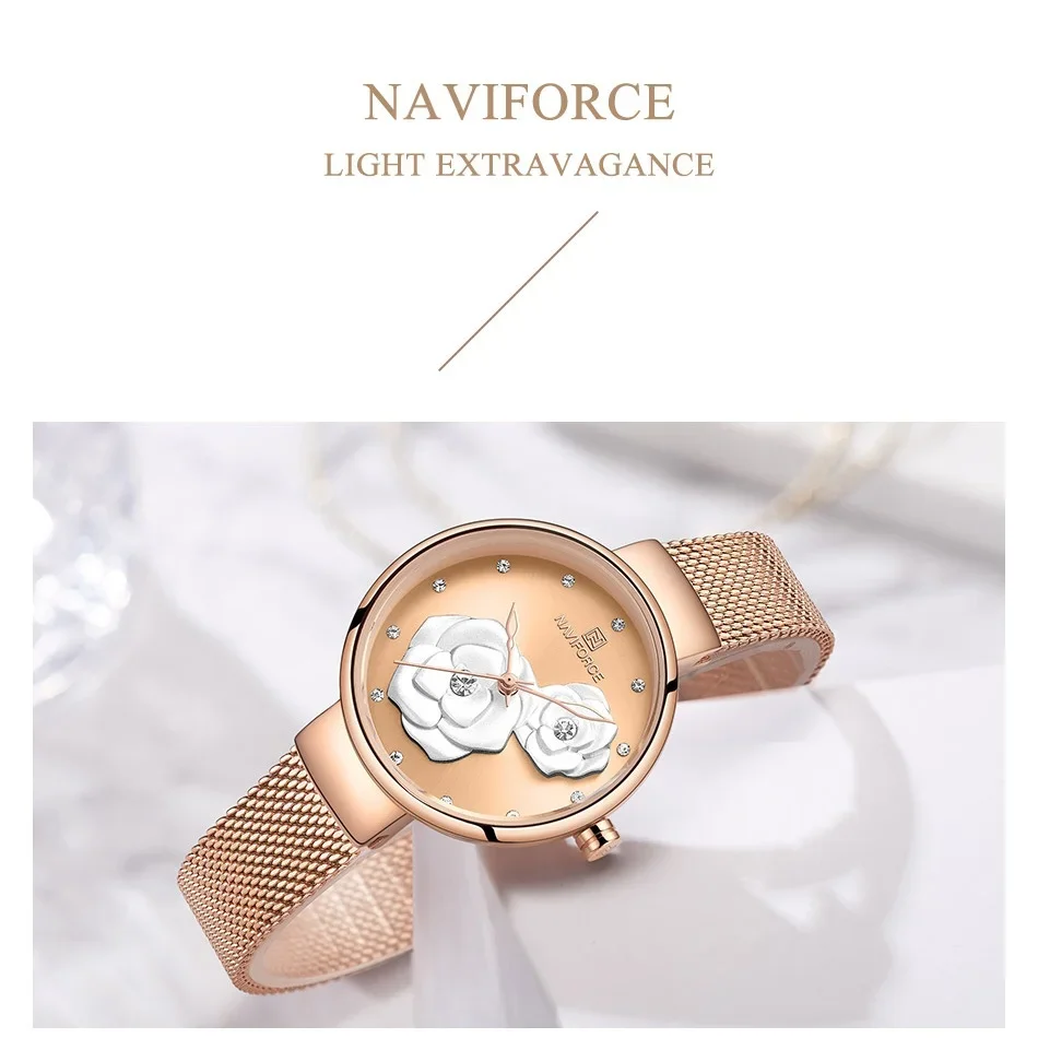 

NAVIFORCE элегантный ремешок из нержавеющей стали модные женские часы сетчатый женский браслет повседневные дикие водонепроницаемые женские наручные часы NF5013