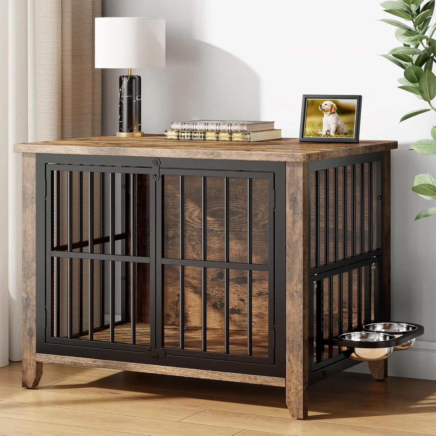 أثاث قفص للكلاب مقاس 31.5 بوصة، بيت كلب خشبي داخلي مع 360 درجة °   وحدة تغذية دوارة ووعاءين قابلين للتعديل، طاولة جانبية مزخرفة