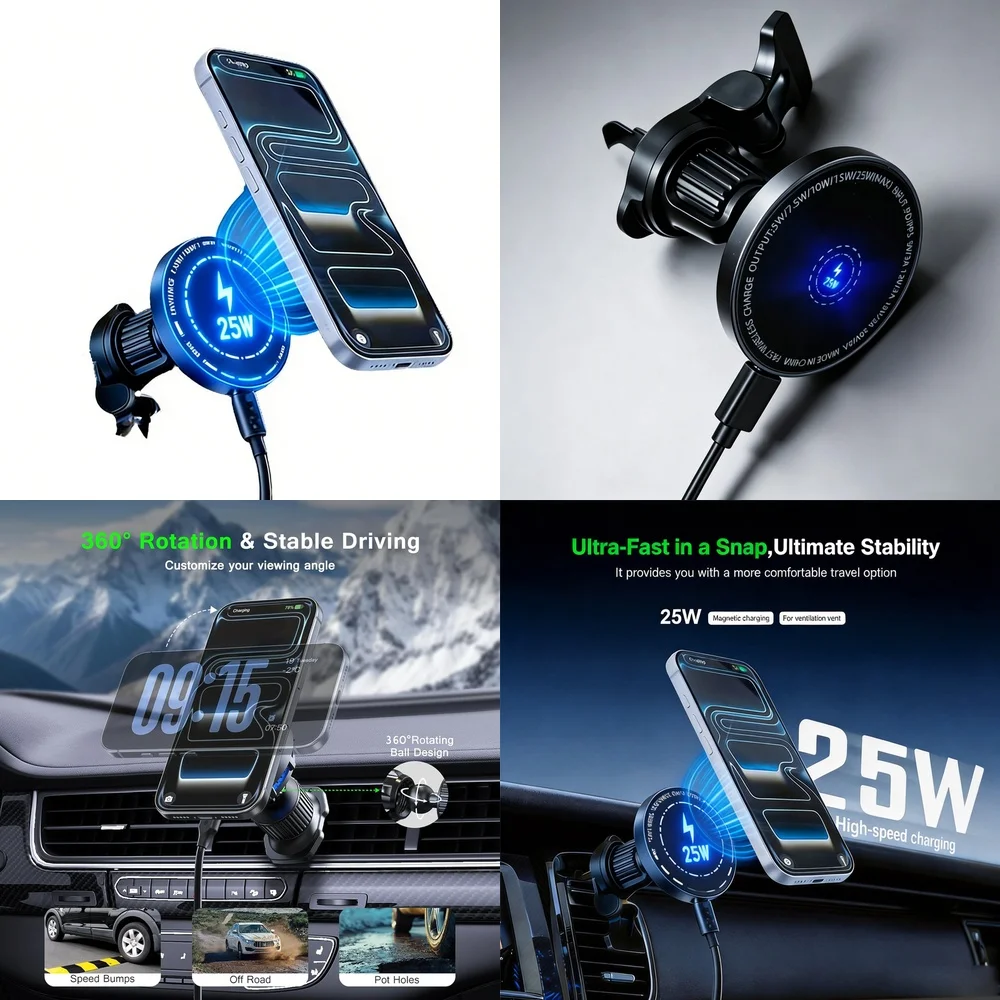 Magnetic Vent Car Wireless Charger 25W Fast Charging 360 Rotation Ball Holder for iPhone 17 Samsung Galaxy S26 Ultra Android