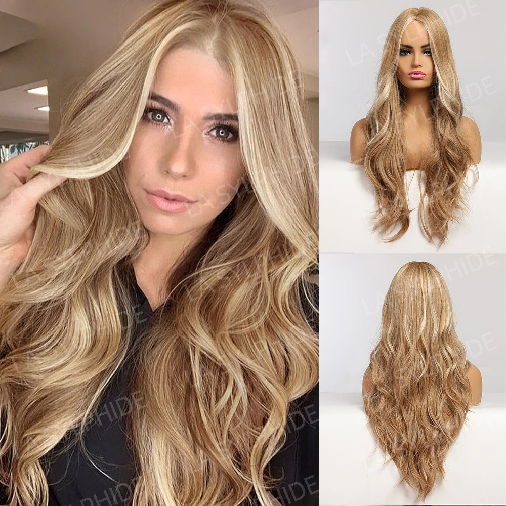 

European and American wigs female full head cover high temperature silk hair medium natural curly hair brown highlights gold wig