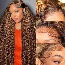 13x4Highlight Ombre Deep wave Lace Front Wigs Human Hair P4/27Colored Transparent Honey Blonde Curly Lace Wigs Pre Plucked 180%