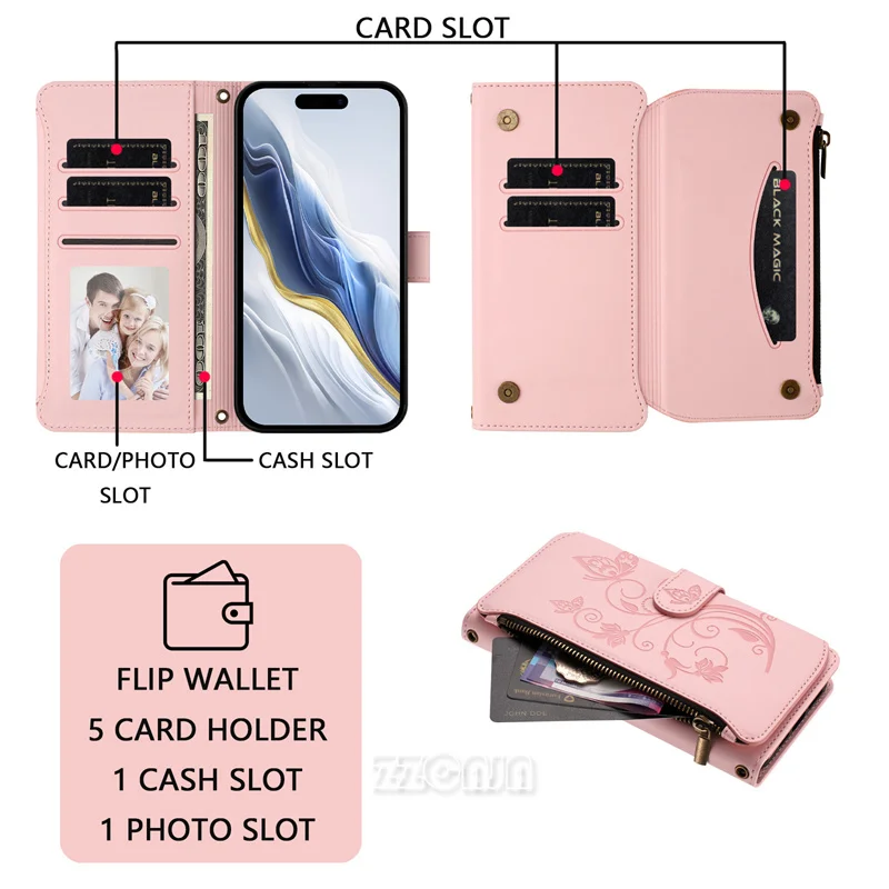 POCO F7 Ultra F6 Pro F5 X7 X6 NEO X4 X3 ซิปกระเป๋าสตางค์ดอกไม้สําหรับ Xiaomi A1 A2 A3 Mi 9 Lite หนังการ์ดสล็อต Lanyard