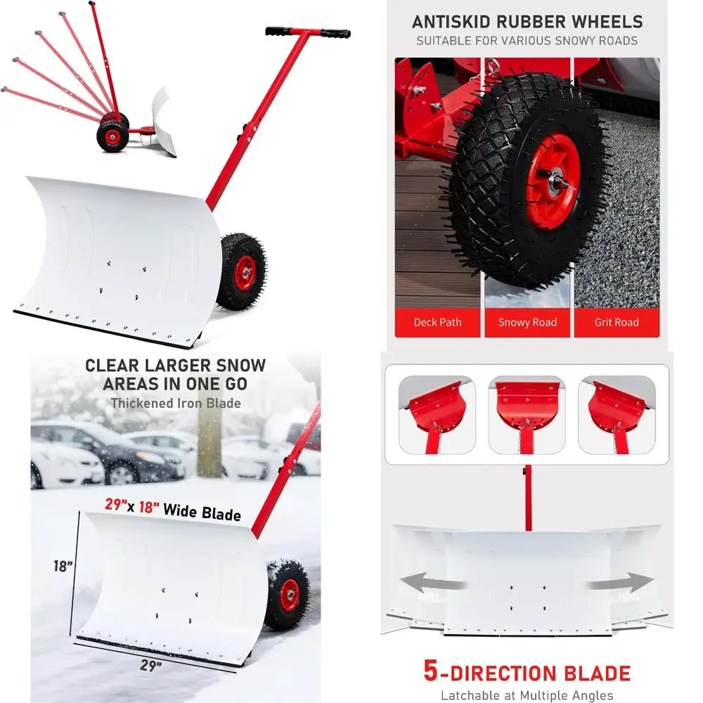 

Wide 29-Inch Long 18-Inch Snow Pusher Plow with Adjustable Angle & Height, Padded Handle for Efficient Snow Removal
