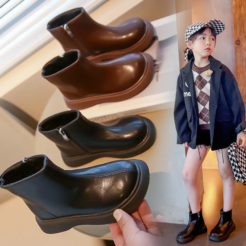 Chaussons de rinçage pour enfants, bottes d'équitation simples pour filles, chaussures en cuir décontractées pour enfants, noir et marron, mode automne et hiver, 2 à 10 ans