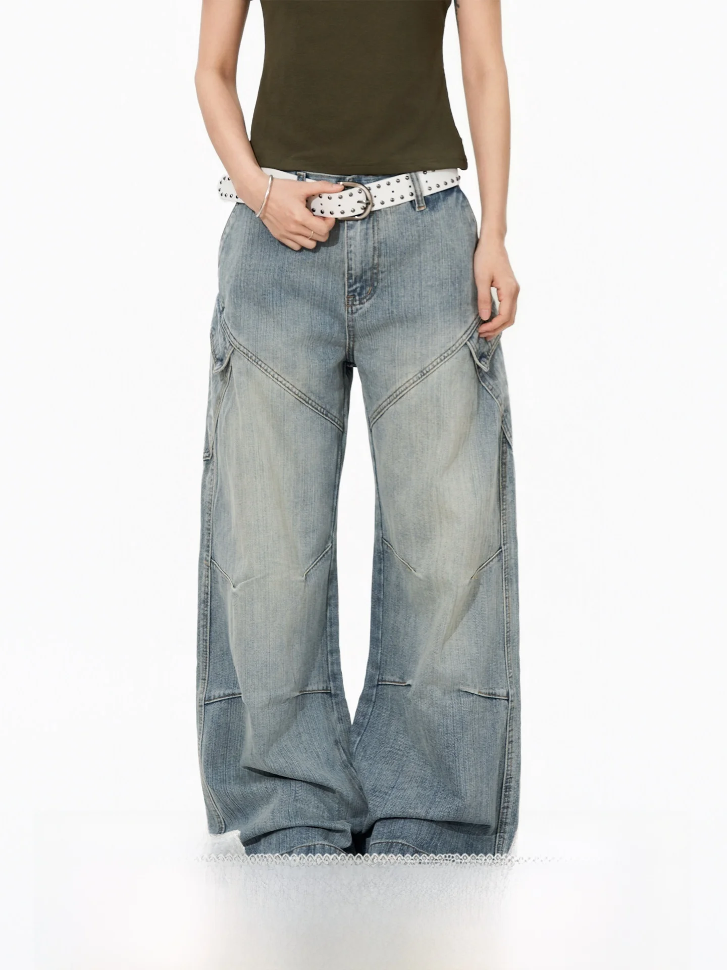 

S3T5 Water Washed Ice Blue Bamboo Design Wide Leg Jeans Casual Loose Straight Men Women American Pocket Style Denim Pants
