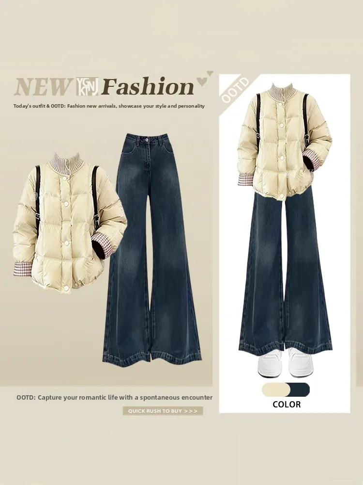 

Thickened Yellow Dopaamine Short Cotton Jacket Winter Warm Outerwear with Jeans Set Women's Fashion Casual Style Two-Piece Suit