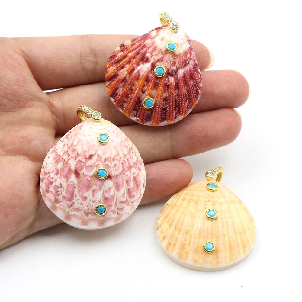 46mm Natural Stone Scallop Shell Pendant White Zircon Inlaid Turquoise Decor DIY Necklace Making Charm Jewelry Accessories Gifts