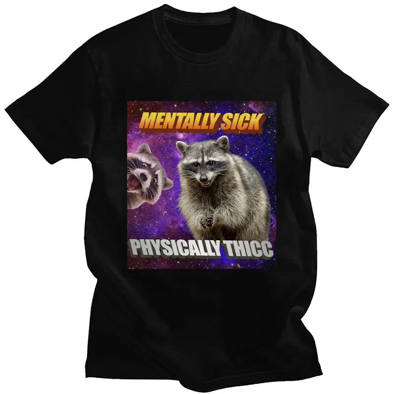 Mentally Sick Physically Thicc Raccoon Meme T Shirt Humor Opossum Loose T-shirt Men's Women's Fashion Cotton Streetwear Y2K Tops