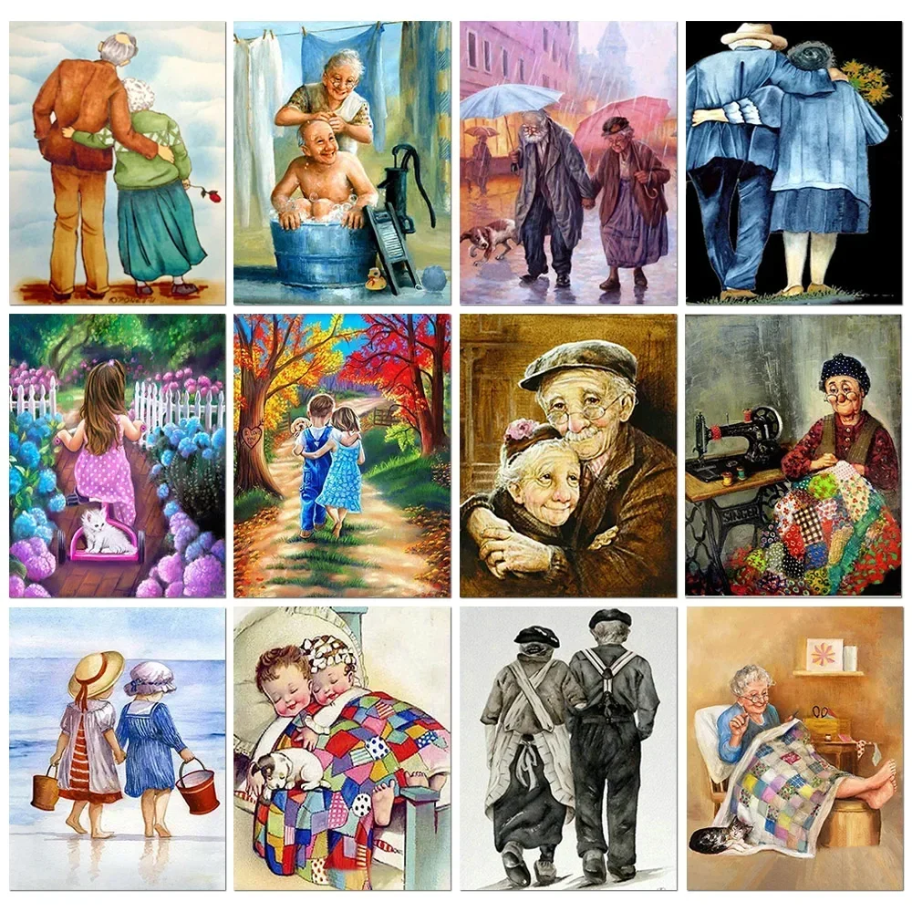 New 5D DIY Full Round Diamond Painting Old Couple Baby Picture Mosaic Cross Stitch Embroidery Craft Kit Home Decoration Gift