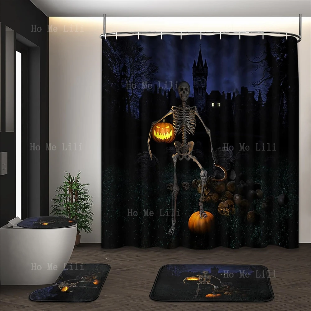 Halloween Shower Curtain Set With Toilet Lid Cover And Non-Slip Rugs Holiday Night Skeleton Pumpkin Bathroom Decor