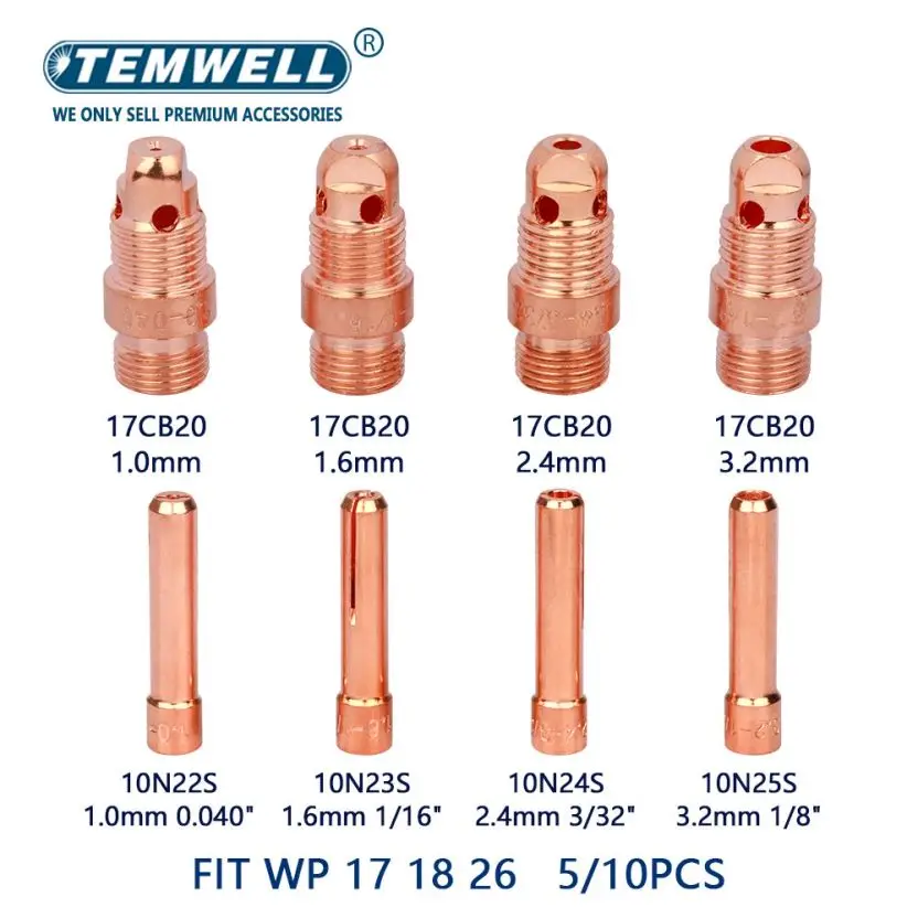 

TIG Collet And Collet Body 10N22S 10N23S 10N24S 10N25S 17CB20 1.0/1.6/2.4/3.2mm For TIG WP17/18/26 Welding Torch Accessories