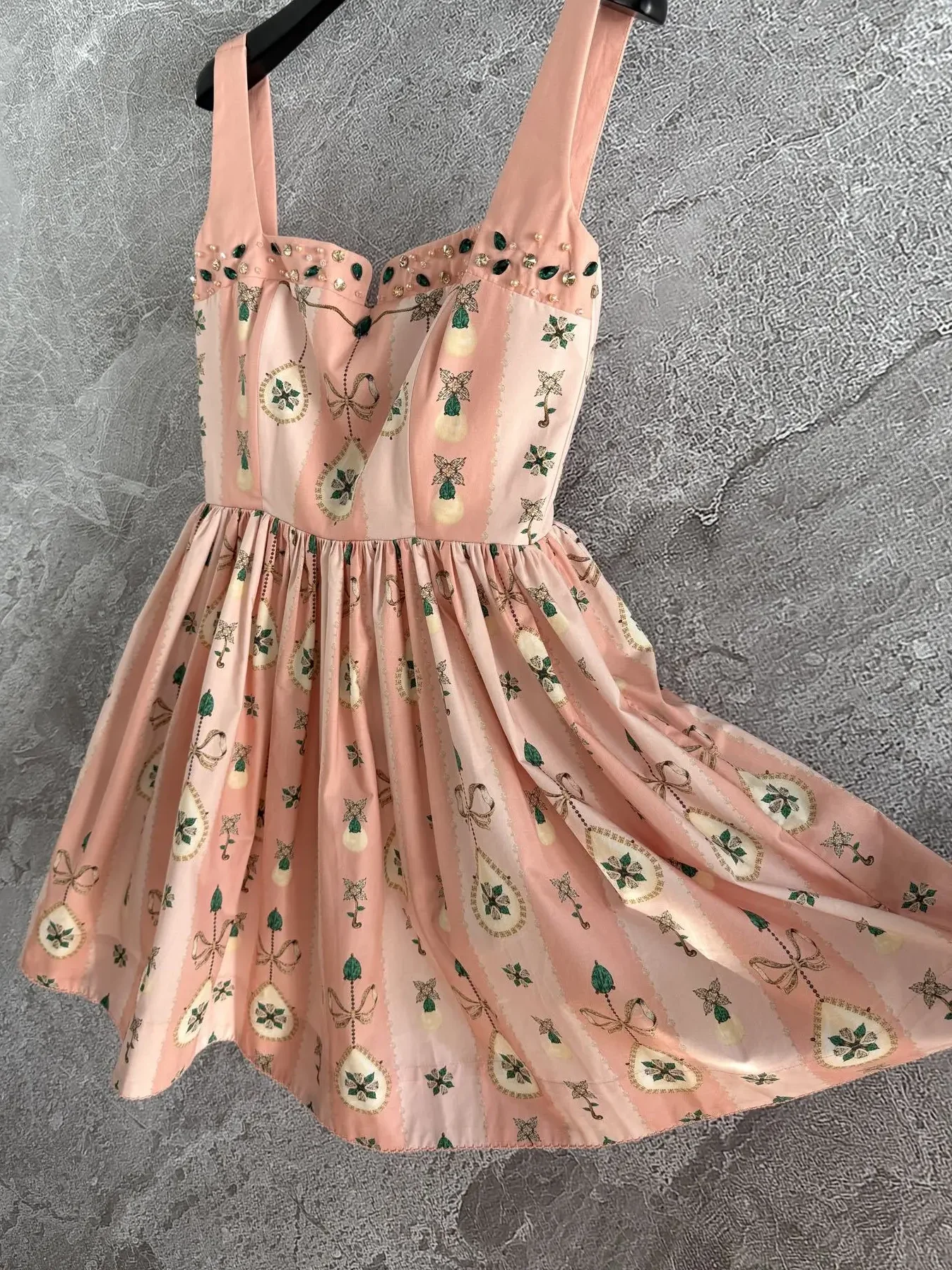Retro Print Dames Roze Tankjurk 2023 Nieuwe Diamanten Kralen Vierkante Kraag Mouwloos Hoge Taille Elegante Vrouwelijke Mini Gewaad