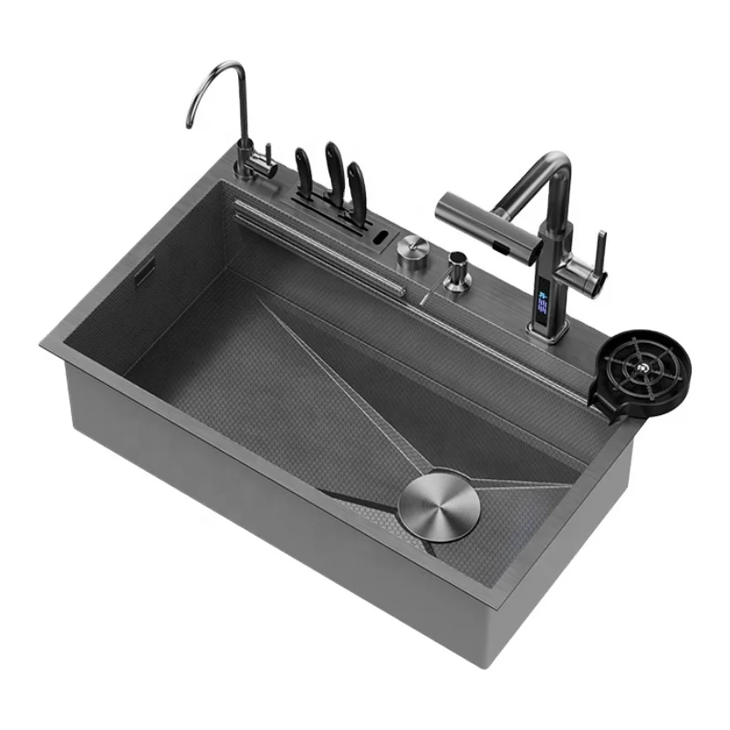 single bowl stainless steel kitchen sink grey Digital Display kitchen sink faucet waterfall rainfall kitchen sink