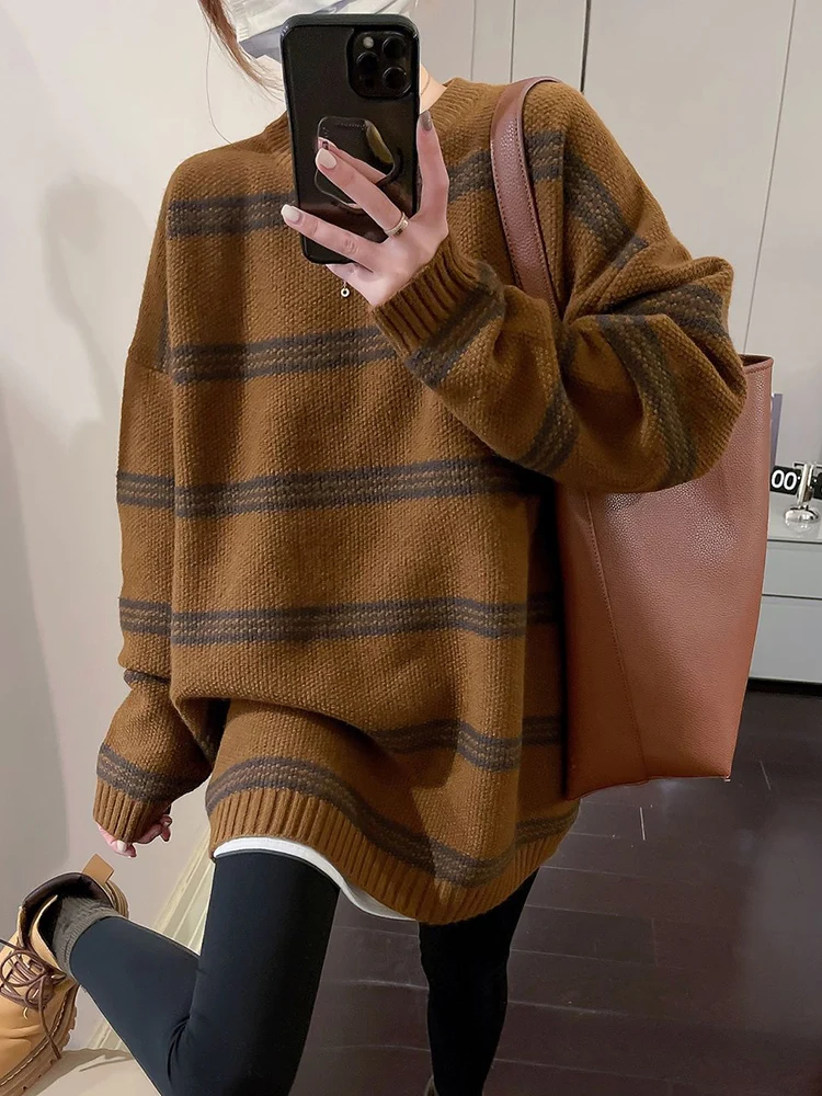 Zoki Oversize Women Striped Knitted Sweater Vintage Lazy Wind Casual Pullover Korean Loose Long Sleeve All Match Jumper Outwear