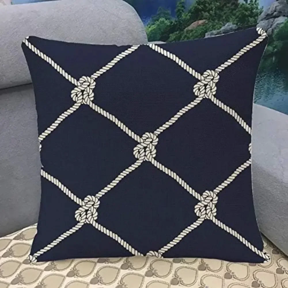 Nautical Rope Pattern Endless Navy with White Fishing Net and Marine Knots on Dark Blue Trendy Maritime Style Pillow Case 45x45