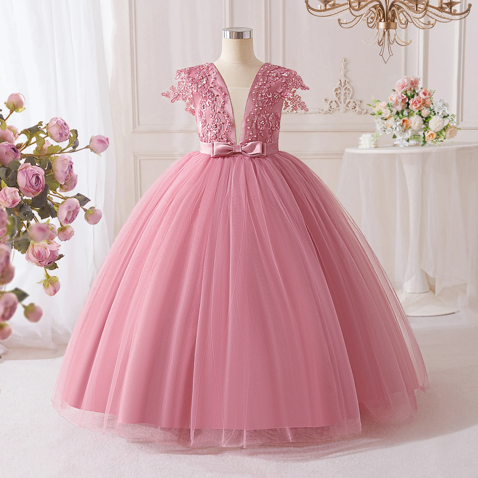 

Kids Elegant Dress For Flower Girls Embroidery V Back Princess Dress For Teens Evening Birthday Bridesmaid Wedding Puffy Gown
