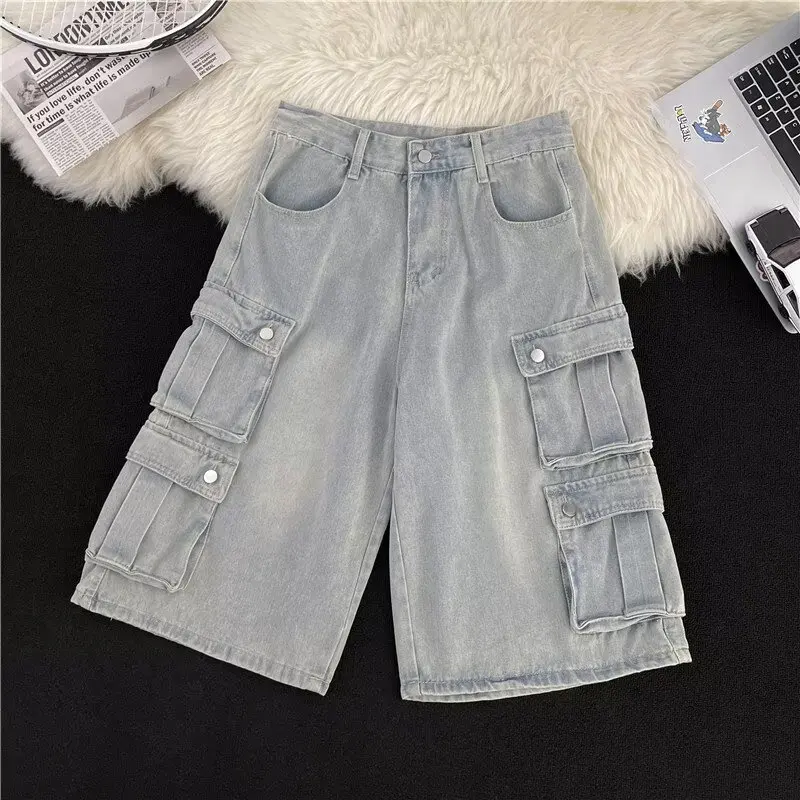 Calças Cargo Jeans Azuis Lavadas para Homens e Mulheres, Shorts Casuais de Perna Reta, Comprimento de Sete Oitavos, Modelagem...