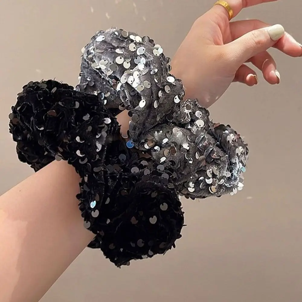 

Elegant Luxury Velvet Hair Scrunchies Sequin Black and Silver Ponytail Holder Shiny Large Elastic Hair Tie for Women