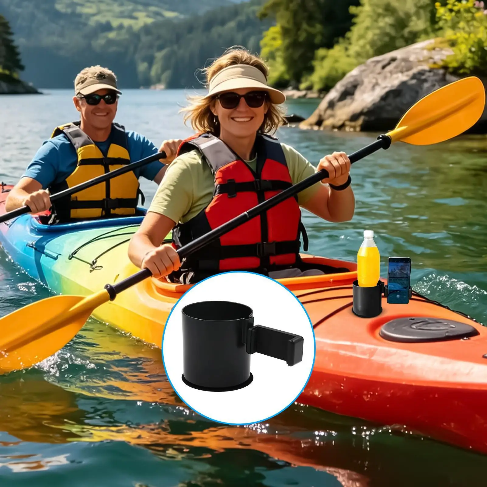 

Canoe Cup Holder with Phone Mount, Adhesive Insert Bottle Bracket, Portable Storage Stand for Paddle Board Marine Water Sports