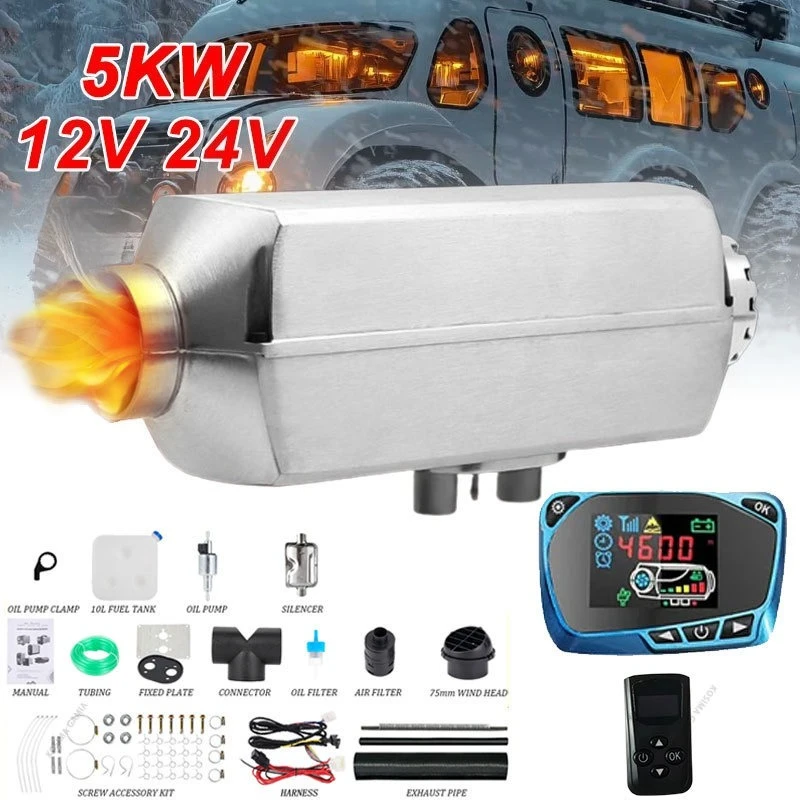 12V 24V Air Diesel Parking Heater 5KW Car Diesel Heater Low Noise for Truck RV Trailer Boat Heating Remote Control Air Heater