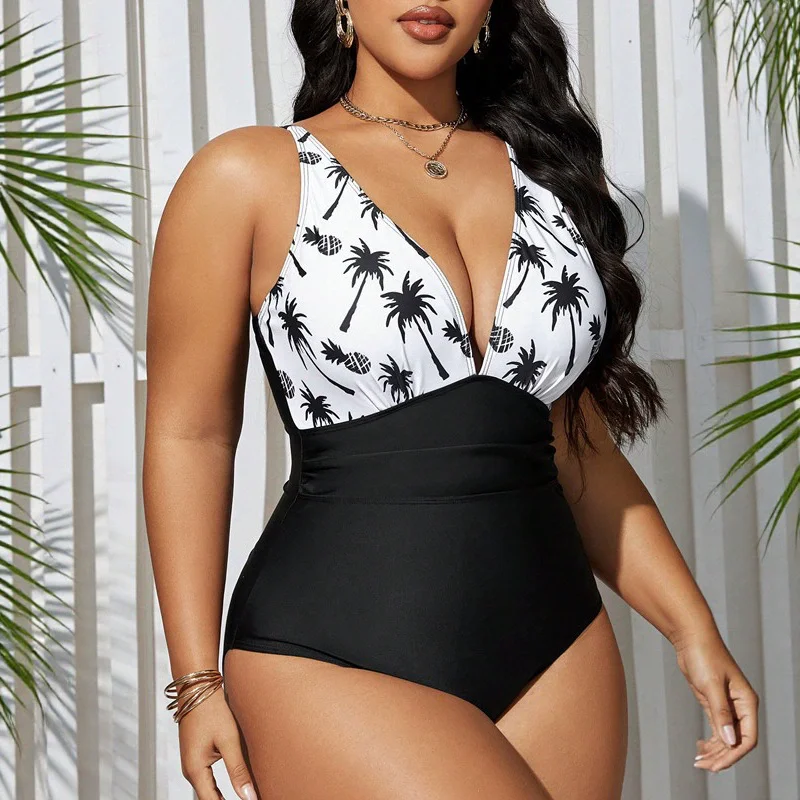 Plus Size One Piece Swimsuit Women 2025 Printed  V-neck Beachwear Tummy Control Bathing Suit Monokini
