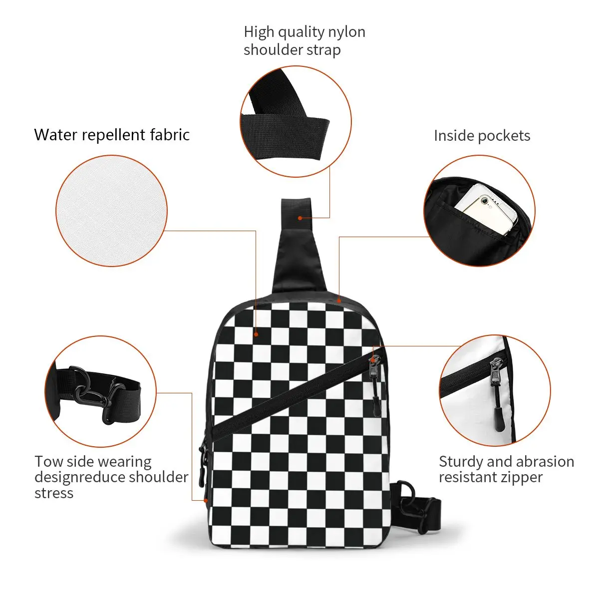 Custom Checkerboard Plaid Sling Crossbody Chest Bag Men Cool Black And White Plaid Shoulder Backpack for Travel Cycling