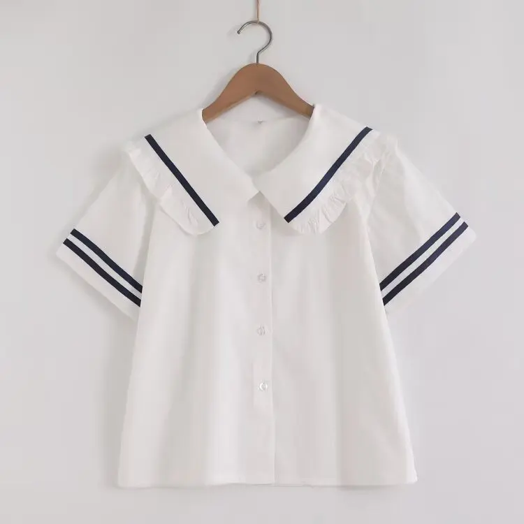 جديد 2025 قميص قطني بأكمام قصيرة للخريف ، زر مرقع بياقة بحار للسيدات ، بلوزة فضفاضة على طراز موري جيرل على طراز بريبي T570108CC