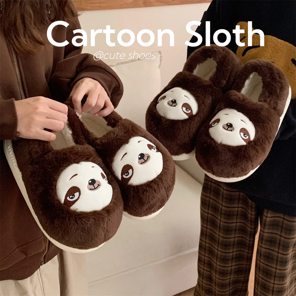 Indoor Cotton Slippers For Women Men Winter Warm Shoes Cute Cartoon Sloth Soft Plush Anti-slip Couples Home Floor Fluffy Shoes
